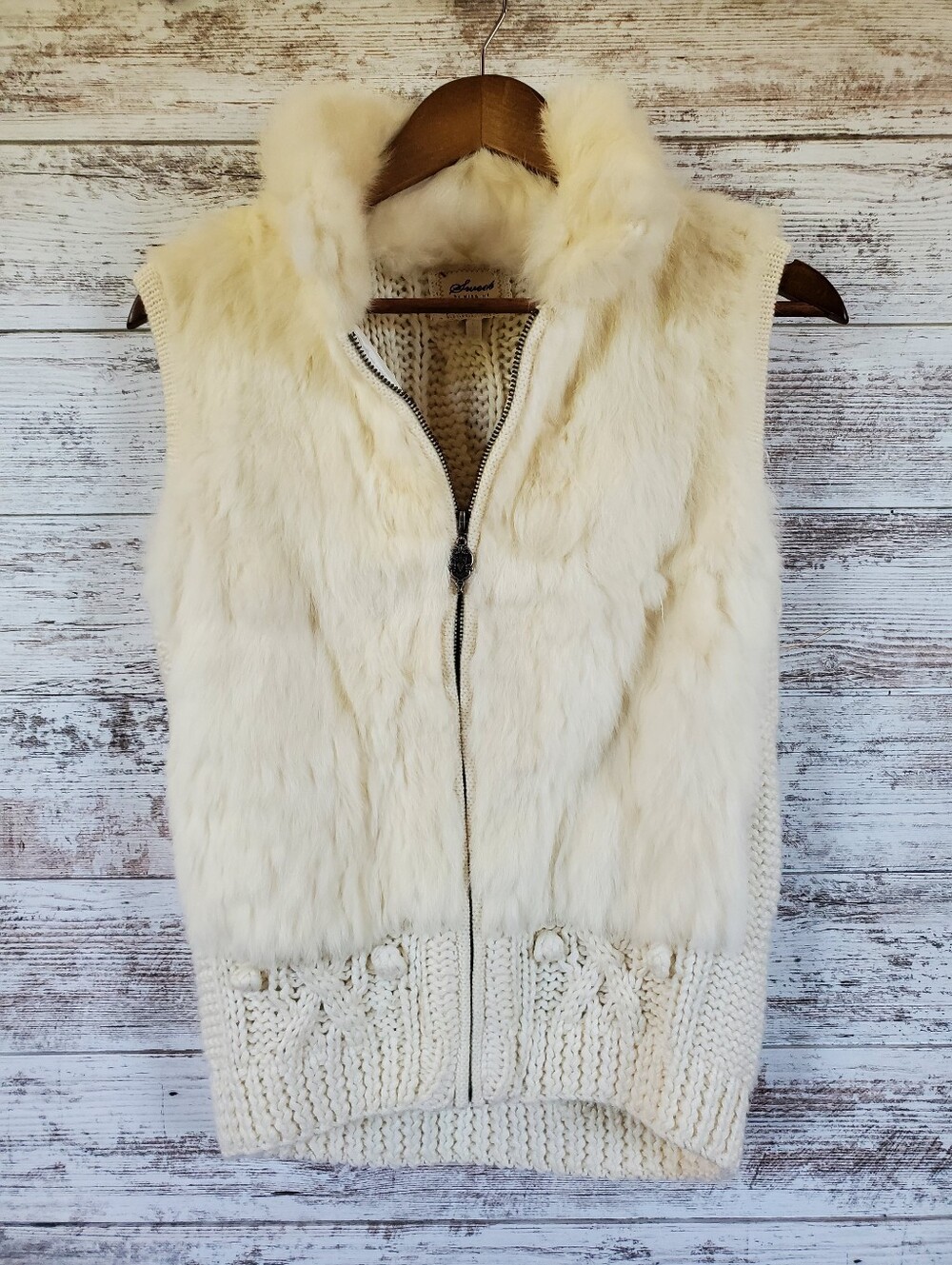Sweet by Miss Me Angora Fur Cable Knit Hooded Sweater Vest Ivory Like New - Picture 9 of 16